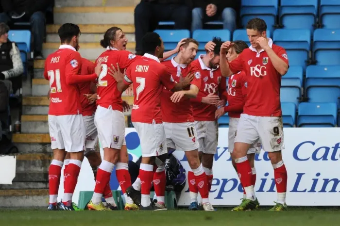 Framed Print : Bristol City's Matt Smith Doubles the Joy: Celebrating at Priestfield Stadium (December 2014)