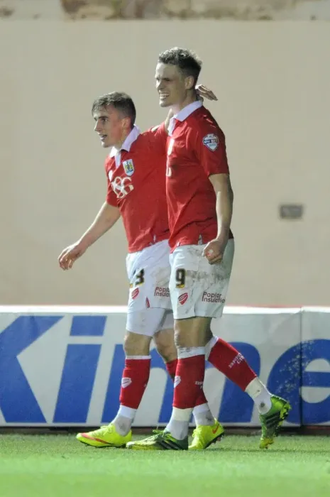 Framed Print : Bristol City's Matt Smith and Joe Bryan Celebrate Goal Against Port Vale, Sky Bet League One, Ashton Gate Framed Print : Bristol City's Matt Smith and Joe Bryan Celebrate Goal Against Port Vale, Sky Bet League One, Ashton Gate