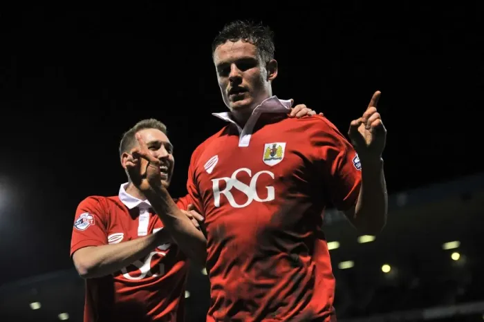 Framed Print : Bristol City's Matt Smith and Scott Wagstaff Celebrate Goals in Johnstone's Paint Trophy Final First Leg against Gillingham Framed Print : Bristol City's Matt Smith and Scott Wagstaff Celebrate Goals in Johnstone's Paint Trophy Final First Leg against Gillingham
