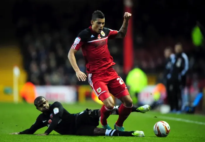 Framed Print : Bristol City's Matthew Briggs Fouls by Pritchard in Championship Clash Framed Print : Bristol City's Matthew Briggs Fouls by Pritchard in Championship Clash