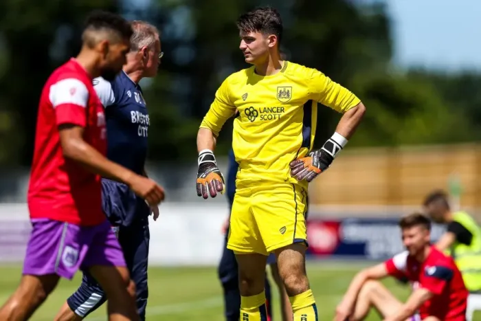 Framed Print : Bristol City's Max O'Leary in Action during Pre-season Friendly against Guernsey FC