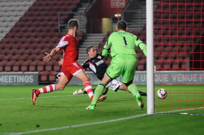 Framed Print : Bristol City's McLaughlin Misses Key Opportunity Against Southampton in Capital One Cup Match