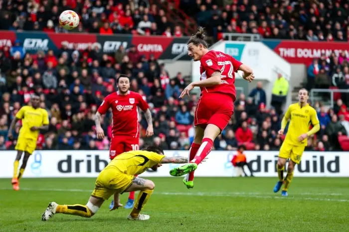 Framed Print : Bristol City's Milan Djuric Scores Dramatic Header Against Burton Albion