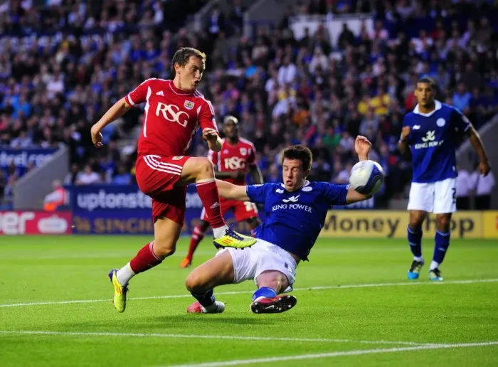 Framed Print : Bristol City's Neil Kilkenny Thwarts Leicester City's Sean St. Ledger: Championship Clash, August 2011 Framed Print : Bristol City's Neil Kilkenny Thwarts Leicester City's Sean St. Ledger: Championship Clash, August 2011