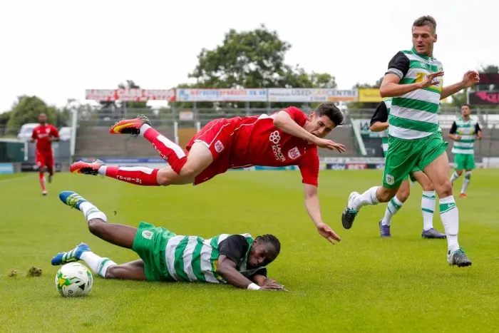 Framed Print : Bristol City's New Signing Callum O'Dowda Tackled by Yeovil's Mathan Smith during Pre-Season Friendly Framed Print : Bristol City's New Signing Callum O'Dowda Tackled by Yeovil's Mathan Smith during Pre-Season Friendly