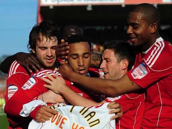 Bristol City's Nicky Maynard Celebrates Double Strike: Championship Clash vs. Burnley (19-03-2011)
