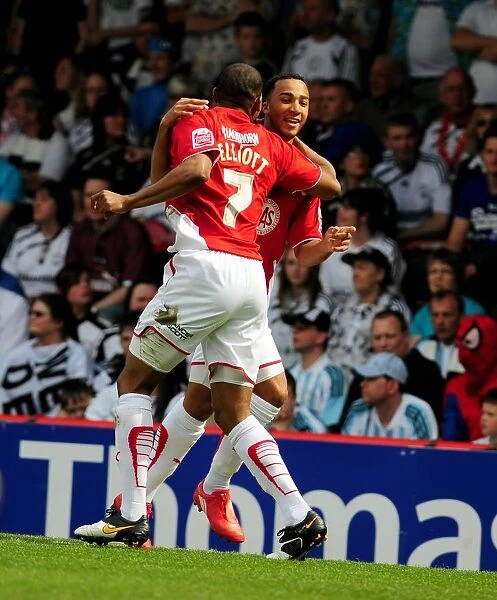 Bristol City's Nicky Maynard and Marvin Elliott Celebrate Goal in Championship Match against Derby County, 2010