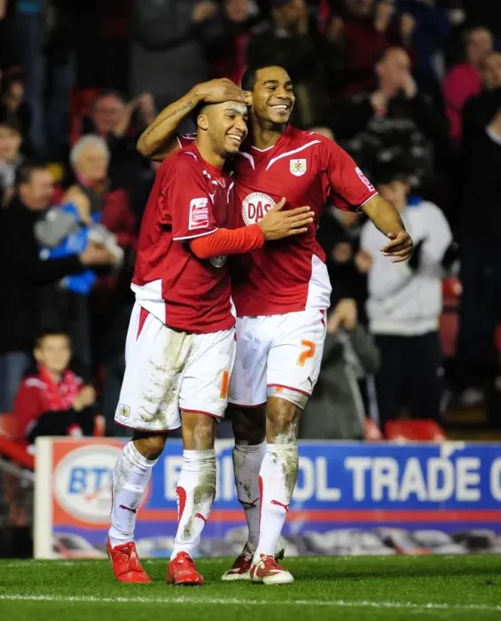 Framed Print : Bristol City's Nicky Maynard and Marvin Elliott Celebrate Goal in Championship Match against Barnsley (23 / 03 / 2010) Framed Print : Bristol City's Nicky Maynard and Marvin Elliott Celebrate Goal in Championship Match against Barnsley (23 / 03 / 2010)