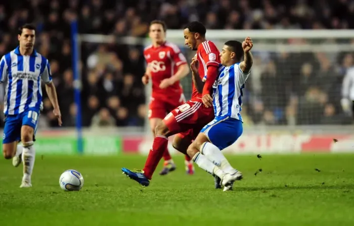 Framed Print : Bristol City's Nicky Maynard vs. Liam Bridcutt in Championship Clash at Brighton's American Express Community Stadium (14 / 01 / 2012) Framed Print : Bristol City's Nicky Maynard vs. Liam Bridcutt in Championship Clash at Brighton's American Express Community Stadium (14 / 01 / 2012)