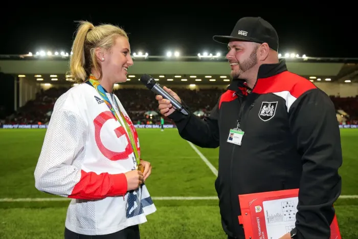 Framed Print : Bristol City's Olympic Hero, Lily Owsley, Interviewed at Half Time by Downsy after Winning Gold at Rio 2016
