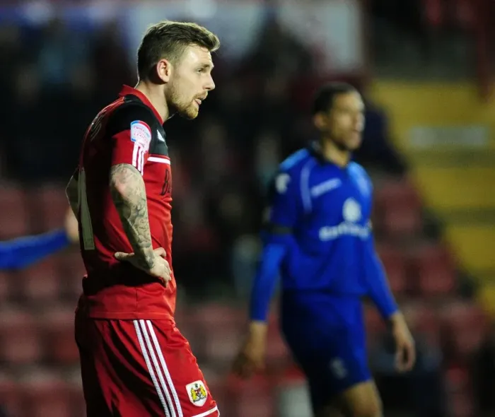 Framed Print : Bristol City's Paul Anderson in Despair as Team Gets Relegated (160413)