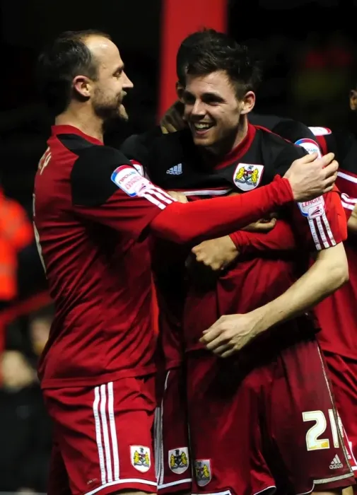 Framed Print : Bristol City's Paul Anderson and Louis Carey Celebrate Goal Against Watford, Championship Match, 2013 Framed Print : Bristol City's Paul Anderson and Louis Carey Celebrate Goal Against Watford, Championship Match, 2013