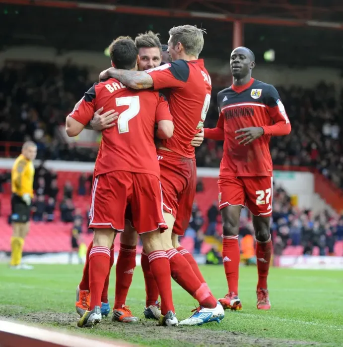 Framed Print : Bristol City's Paul Anderson and Sam Baldock Celebrate Goals Against Peterborough, Making it 2-1 (December 2012)