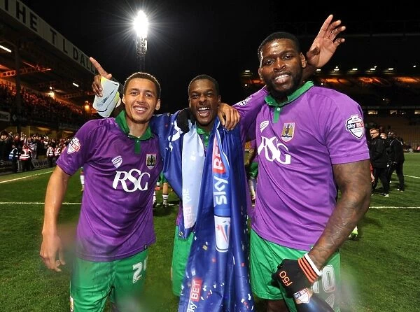 Bristol City's Promotion Celebration: Tavernier, Agard, and Emmanuel-Thomas Rejoice After Winning Championship Spot vs. Bradford City (April 14, 2015)