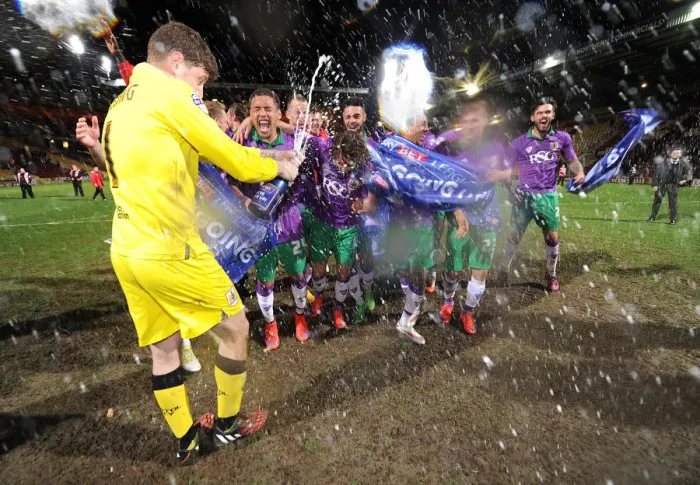 Framed Print : Bristol City's Promotion Party: Frank Fielding Celebrates with Champagne after 0-6 Win over Bradford City Framed Print : Bristol City's Promotion Party: Frank Fielding Celebrates with Champagne after 0-6 Win over Bradford City