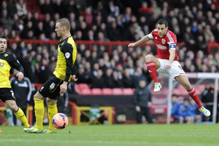 Framed Print : Bristol City's Sam Baldock Aims for FA Cup Glory Against Watford Framed Print : Bristol City's Sam Baldock Aims for FA Cup Glory Against Watford