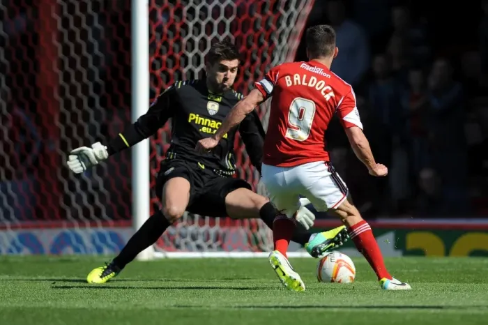 Framed Print : Bristol City's Sam Baldock Aims for the Net: Thrilling Football Action from the Sky Bet League One Match Against Notts County (18 / 04 / 2014)