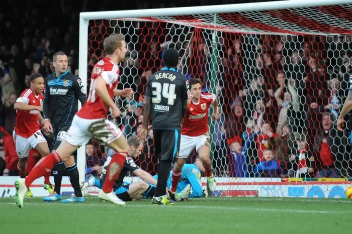Framed Print : Bristol City's Sam Baldock Celebrates Goal Against Stevenage in Sky Bet League One (December 2013) Framed Print : Bristol City's Sam Baldock Celebrates Goal Against Stevenage in Sky Bet League One (December 2013)