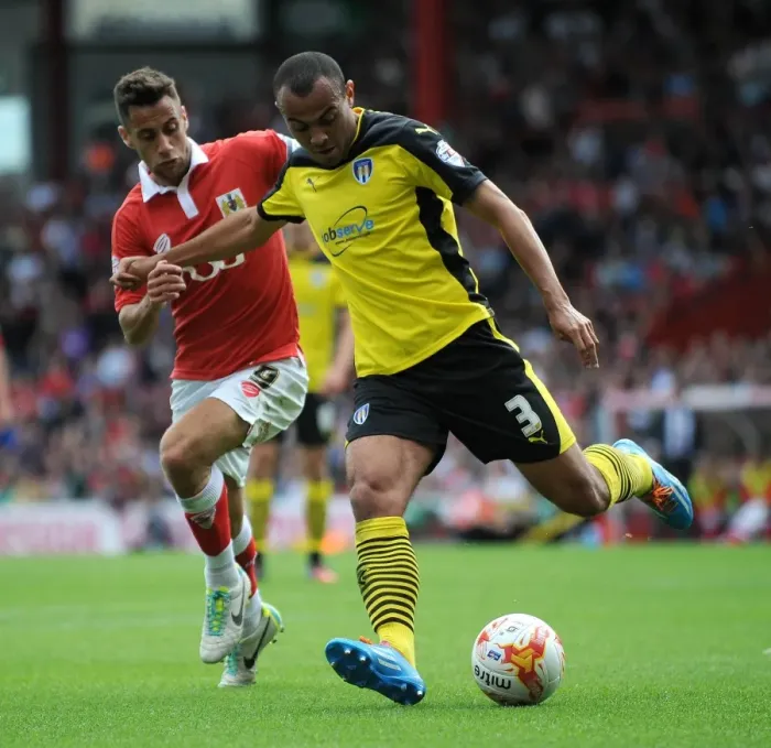 Framed Print : Bristol City's Sam Baldock Chases Down Colchester United's Ben Gordon during Sky Bet League One Match Framed Print : Bristol City's Sam Baldock Chases Down Colchester United's Ben Gordon during Sky Bet League One Match