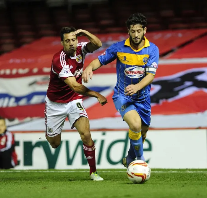 Framed Print : Bristol City's Sam Baldock Chases Down Joe Jacobson of Shrewsbury Town Framed Print : Bristol City's Sam Baldock Chases Down Joe Jacobson of Shrewsbury Town