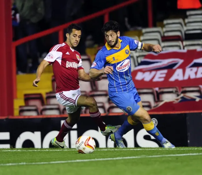 Framed Print : Bristol City's Sam Baldock Closes In on Joe Jacobson during Bristol City vs Shrewsbury Town Framed Print : Bristol City's Sam Baldock Closes In on Joe Jacobson during Bristol City vs Shrewsbury Town