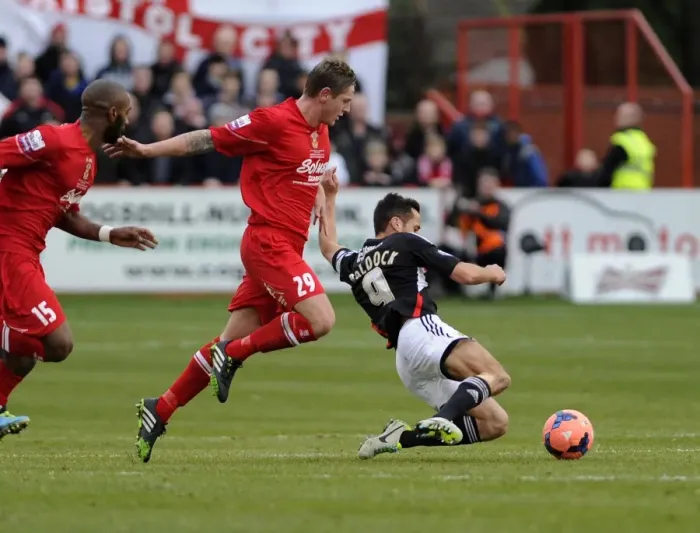 Framed Print : Bristol City's Sam Baldock Fouls Tamworth's Lee Hildreth during FA Cup Match Framed Print : Bristol City's Sam Baldock Fouls Tamworth's Lee Hildreth during FA Cup Match