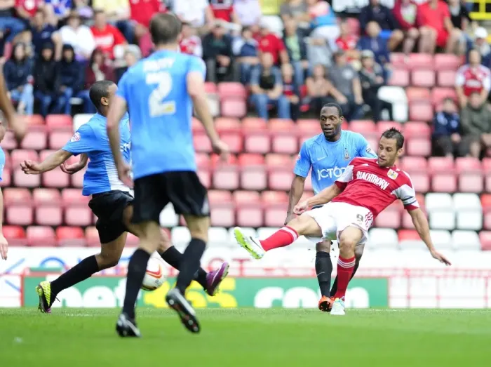 Framed Print : Bristol City's Sam Baldock Goes for Glory: A Thrilling Moment from the Bristol City V Bradford City Football Match, August 3, 2013 Framed Print : Bristol City's Sam Baldock Goes for Glory: A Thrilling Moment from the Bristol City V Bradford City Football Match, August 3, 2013