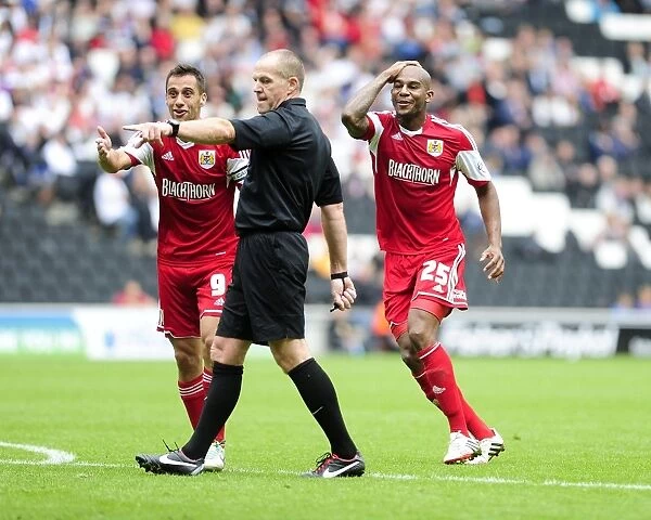 Bristol City's Sam Baldock and Marvin Elliott Protest Penalty Decision Against Milton Keynes Dons, Sky Bet League One, 2013