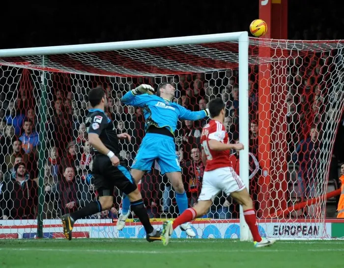 Framed Print : Bristol City's Sam Baldock Narrowly Misses Goal Against Stevenage Framed Print : Bristol City's Sam Baldock Narrowly Misses Goal Against Stevenage