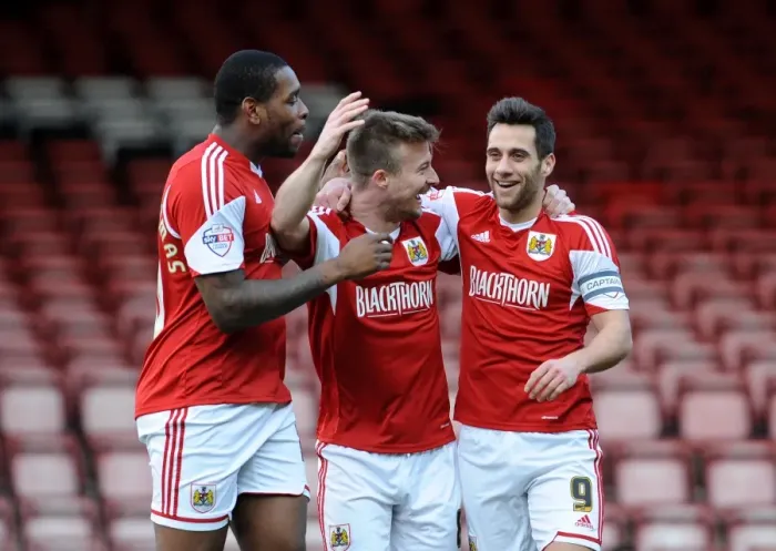 Framed Print : Bristol City's Sam Baldock Scores and Celebrates with Team Mates Against Tranmere Rovers, Sky Bet League One, 2014