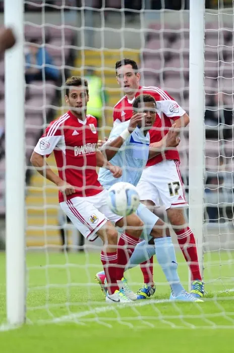 Framed Print : Bristol City's Sam Baldock Scores Dramatic Goal Past Coventry's Cyrus Christie and Greg Cunningham - Coventry V Bristol City, Sky Bet League One