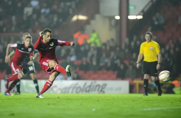 Framed Print : Bristol City's Sam Baldock Scores Penalty Against Burnley in Championship Match, October 2012 Framed Print : Bristol City's Sam Baldock Scores Penalty Against Burnley in Championship Match, October 2012