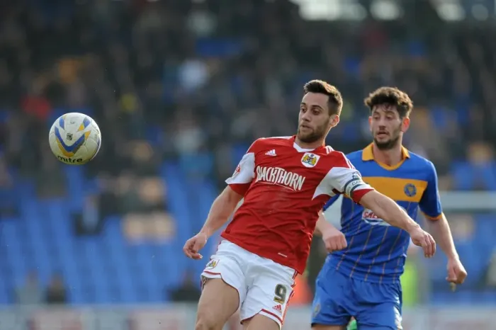 Framed Print : Bristol City's Sam Baldock Scores at Shrewsbury Town, March 8, 2014 Framed Print : Bristol City's Sam Baldock Scores at Shrewsbury Town, March 8, 2014