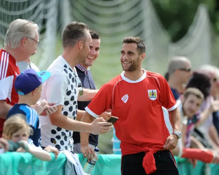 Framed Print : Bristol City's Sam Baldock Shares a Laugh with Fans Before Portishead Town Match, 2014 Framed Print : Bristol City's Sam Baldock Shares a Laugh with Fans Before Portishead Town Match, 2014