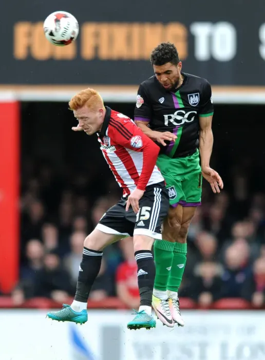 Framed Print : Bristol City's Scott Golbourne and Brentford's Ryan Woods Battle for Aerial Supremacy in Championship Clash Framed Print : Bristol City's Scott Golbourne and Brentford's Ryan Woods Battle for Aerial Supremacy in Championship Clash