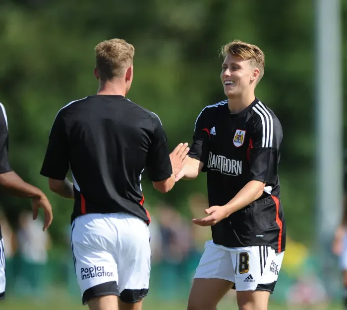 Framed Print : Bristol City's Scott Wagstaff and Luke Freeman Celebrate Goal in Portishead Town Friendly, July 2014 Framed Print : Bristol City's Scott Wagstaff and Luke Freeman Celebrate Goal in Portishead Town Friendly, July 2014