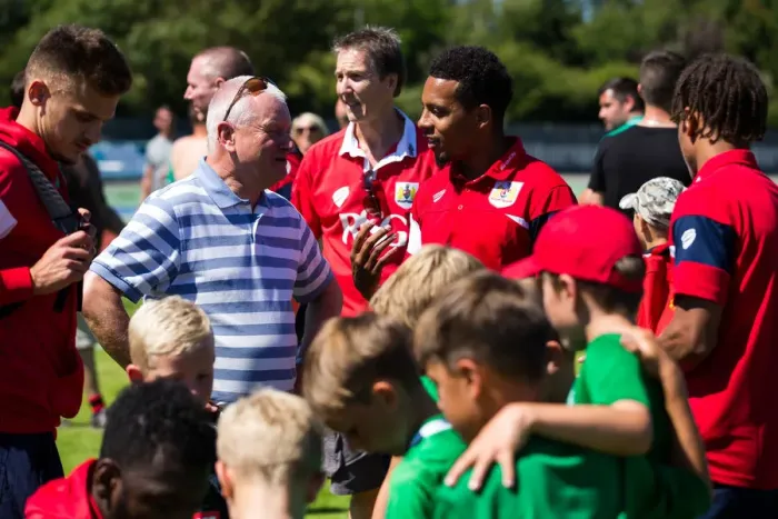 Framed Print : Bristol City's Steve Lansdown Celebrates First Pre-Season Win as Owner with Captain Korey Smith after Guernsey FC Match