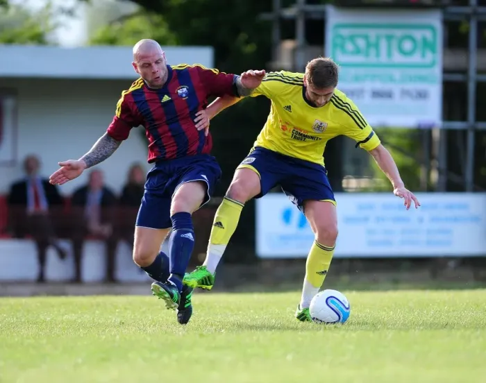 Framed Print : Bristol City's Steven Davies Faces Off Against Ashton and Backwell United Defender in Pre-Season Friendly Framed Print : Bristol City's Steven Davies Faces Off Against Ashton and Backwell United Defender in Pre-Season Friendly