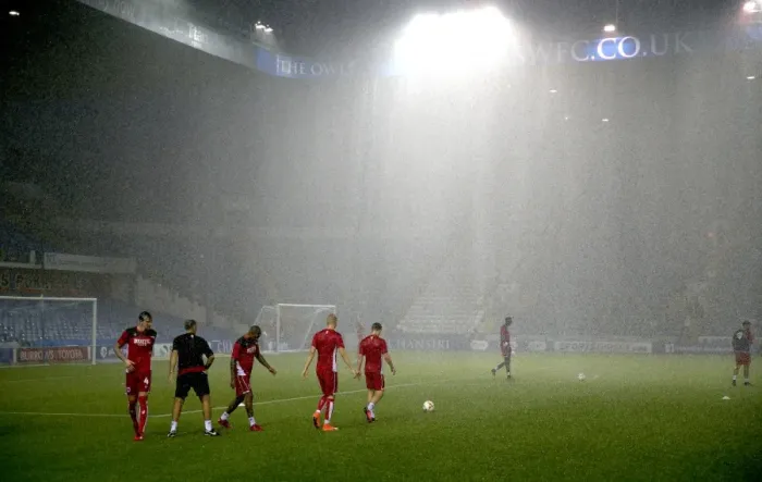 Framed Print : Bristol City's Stormy Warm-Up: Sheffield Wednesday vs. Bristol City, 13 September 2016