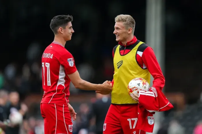 Framed Print : Bristol City's Taylor Moore and Callum O'Dowda Celebrate 0-4 Victory Over Fulham