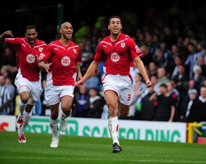 Framed Print : Bristol City's Thrilling Start: Lewin Nyatanga Scores the Opener Against Newcastle United at Ashton Gate Stadium (2010)