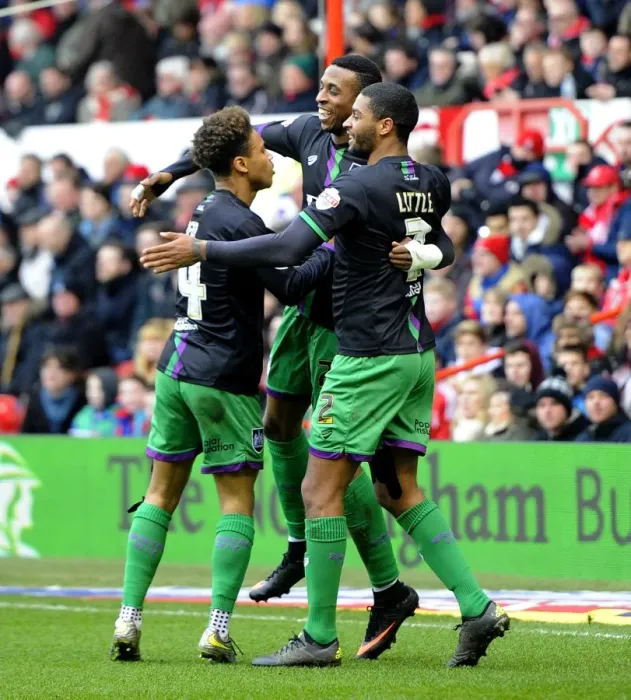 Framed Print : Bristol City's Triumph: Kodjia, Reid, and Little Celebrate Goal Against Nottingham Forest (February 2016)