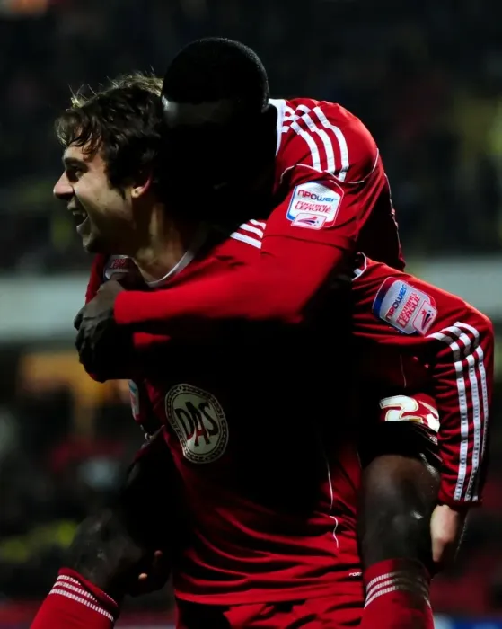 Framed Print : Bristol City's Unforgettable Moment: Brett Pitman's Championship-Winning Goal Celebrated by Albert Adomah (22 / 02 / 2011) Framed Print : Bristol City's Unforgettable Moment: Brett Pitman's Championship-Winning Goal Celebrated by Albert Adomah (22 / 02 / 2011)