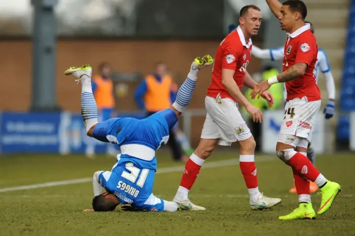 Framed Print : Bristol City's Victorious Moment: Briggs Tumble in Colchester United Clash (February 2015)