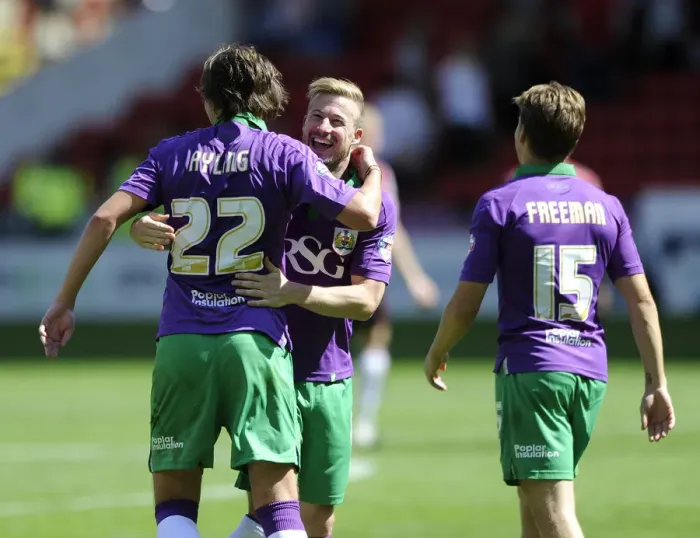 Framed Print : Bristol City's Wade Elliott and Luke Ayling Celebrate Goal in Sheffield United vs. Bristol City Match, Sky Bet League One Opening Game (09 / 08 / 2014)