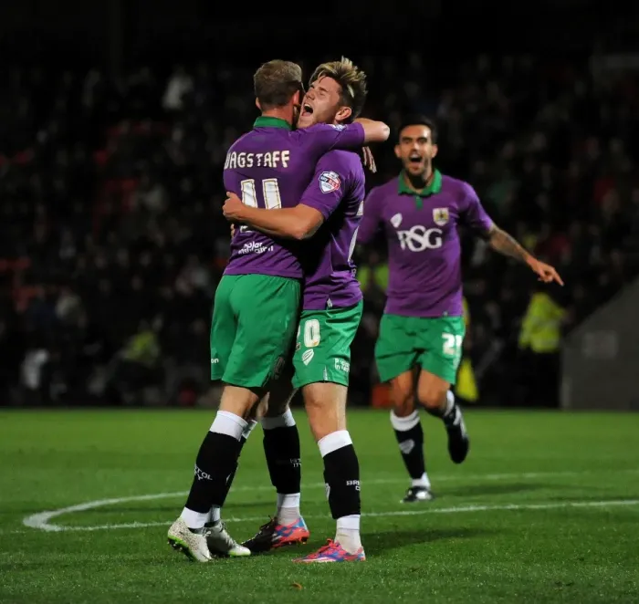 Framed Print : Bristol City's Wes Burns and Scott Wagstaff Celebrate Goal in Johnstone's Paint Trophy Match against Cheltenham Town Framed Print : Bristol City's Wes Burns and Scott Wagstaff Celebrate Goal in Johnstone's Paint Trophy Match against Cheltenham Town