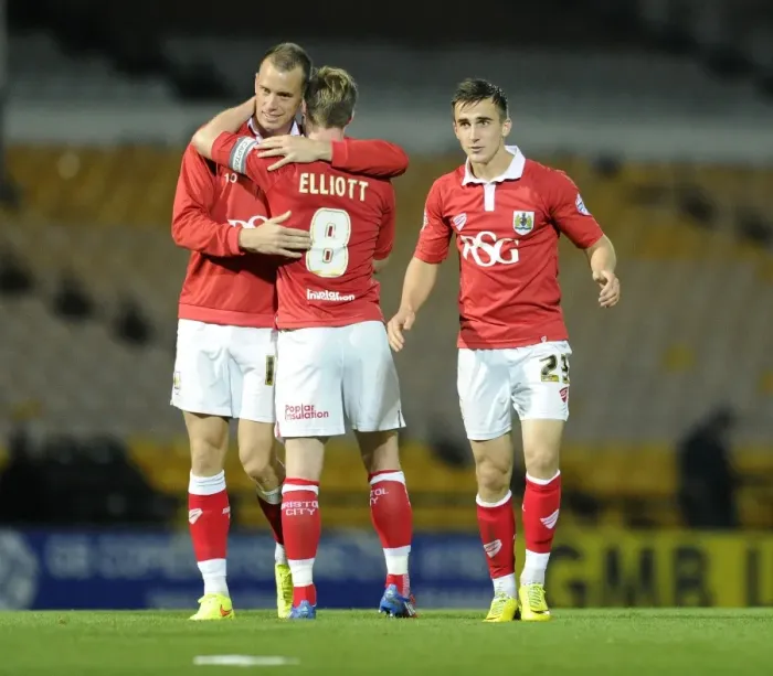 Framed Print : Bristol City's Wilbraham and Elliott Celebrate Goal vs Port Vale, 2014 Framed Print : Bristol City's Wilbraham and Elliott Celebrate Goal vs Port Vale, 2014