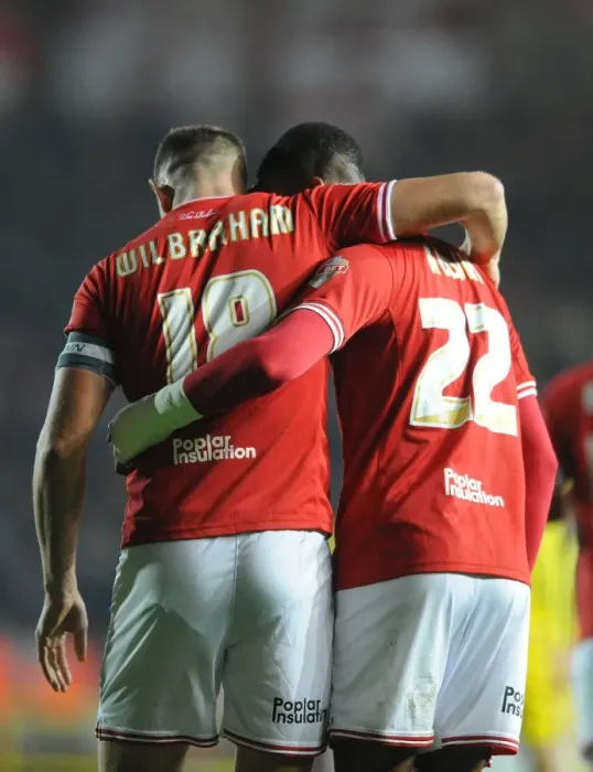 Framed Print : Bristol City's Wilbraham and Kodjia Celebrate Goal Against Nottingham Forest Framed Print : Bristol City's Wilbraham and Kodjia Celebrate Goal Against Nottingham Forest