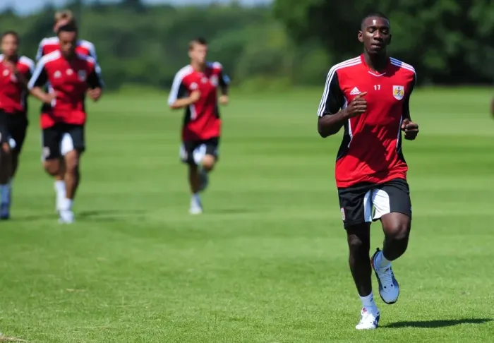 Framed Print : Bristol Citys yannick bolasie joins team mates at Bristol city
