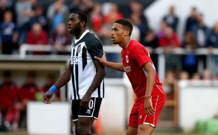 Framed Print : Bristol City's Zak Vyner Marks Bath City's Nick McCootie during Pre-season Friendly at Twerton Park Framed Print : Bristol City's Zak Vyner Marks Bath City's Nick McCootie during Pre-season Friendly at Twerton Park